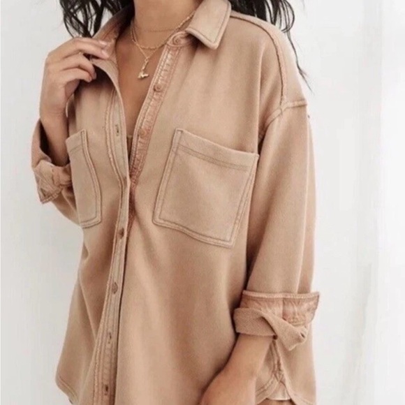 aerie Tops - Aerie Oversized Fleece Button Down Shirt Jacket Lumberjane Toasty Taupe XS